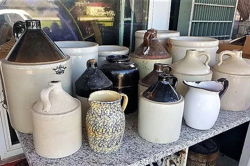 Antique Glazed crocks,jugs, water pitchers, and jugs with taps