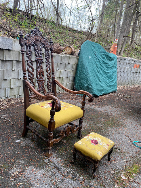 Antique victorian needlepoint parlor chairs with foot rest