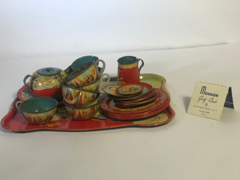 Tin Tray with cups, dishes, tea pot, American