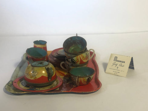 Tin Tray with cups, dishes, tea pot, American